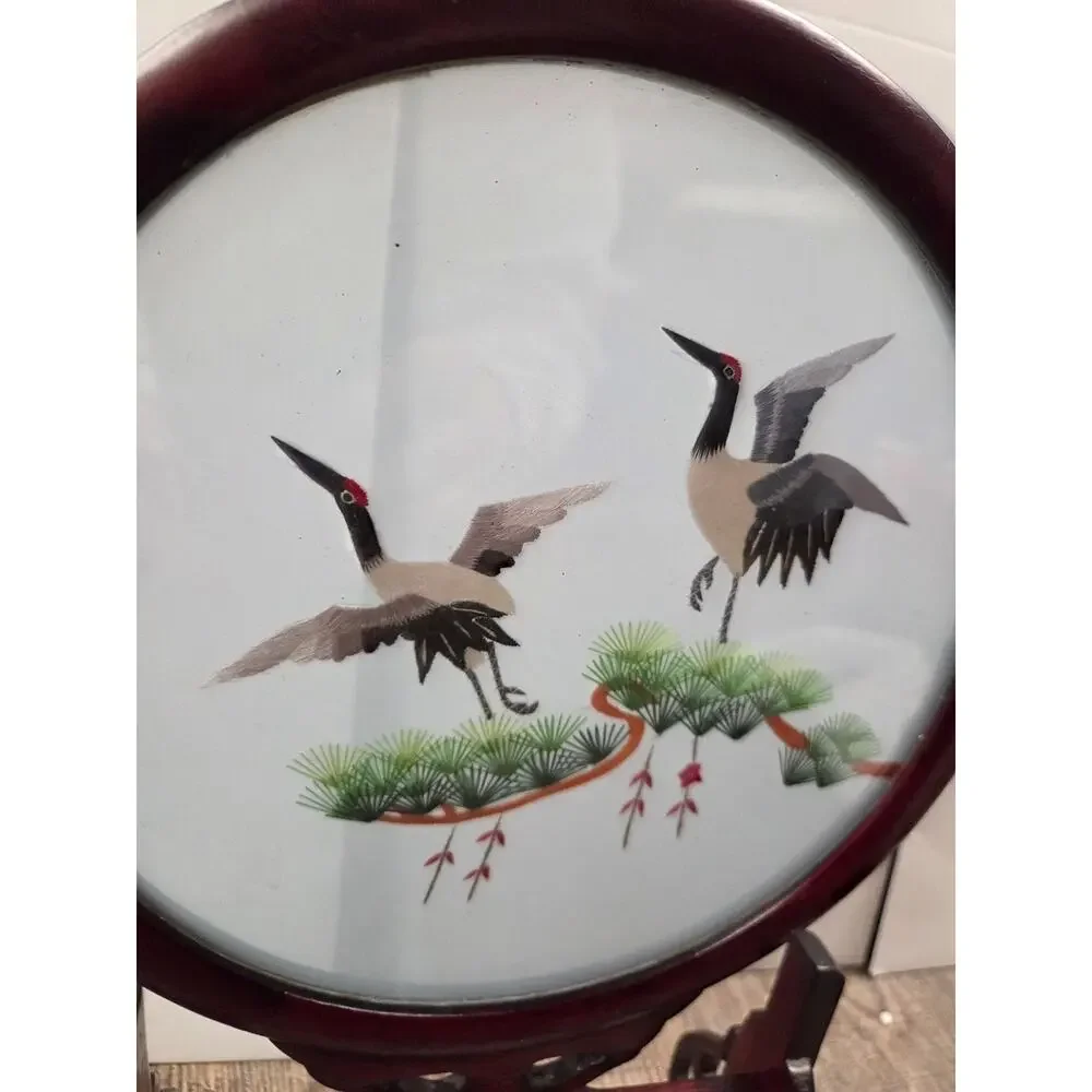 Vintage Chinese Suzhan Spun Silk Hand Embroidered Cranes In Double Sided Frame